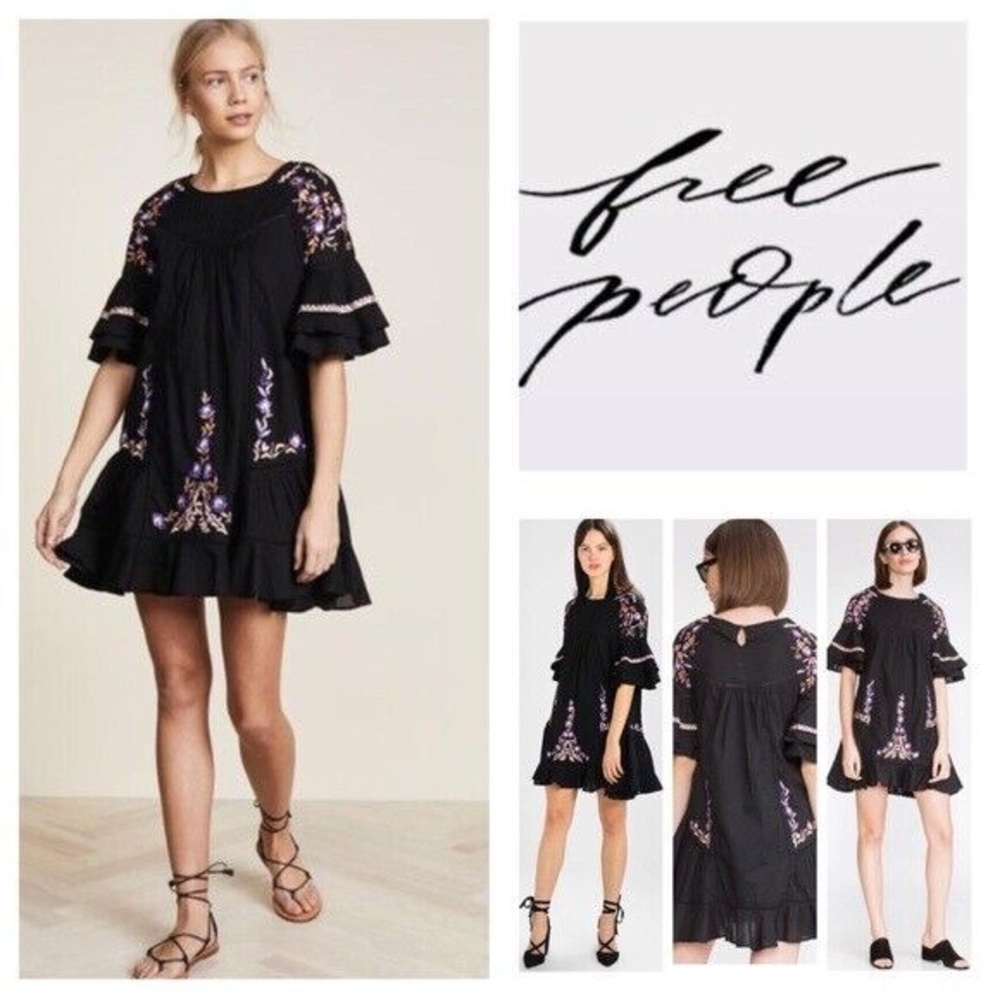 Free People Pavlo Ruffle Mini Dress Black Embroidered Size SMALL OB726410 - Picture 9 of 9